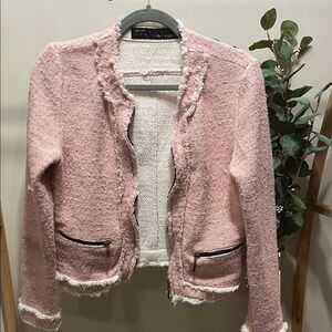 Zara Pink Frayed Tweed Blazer